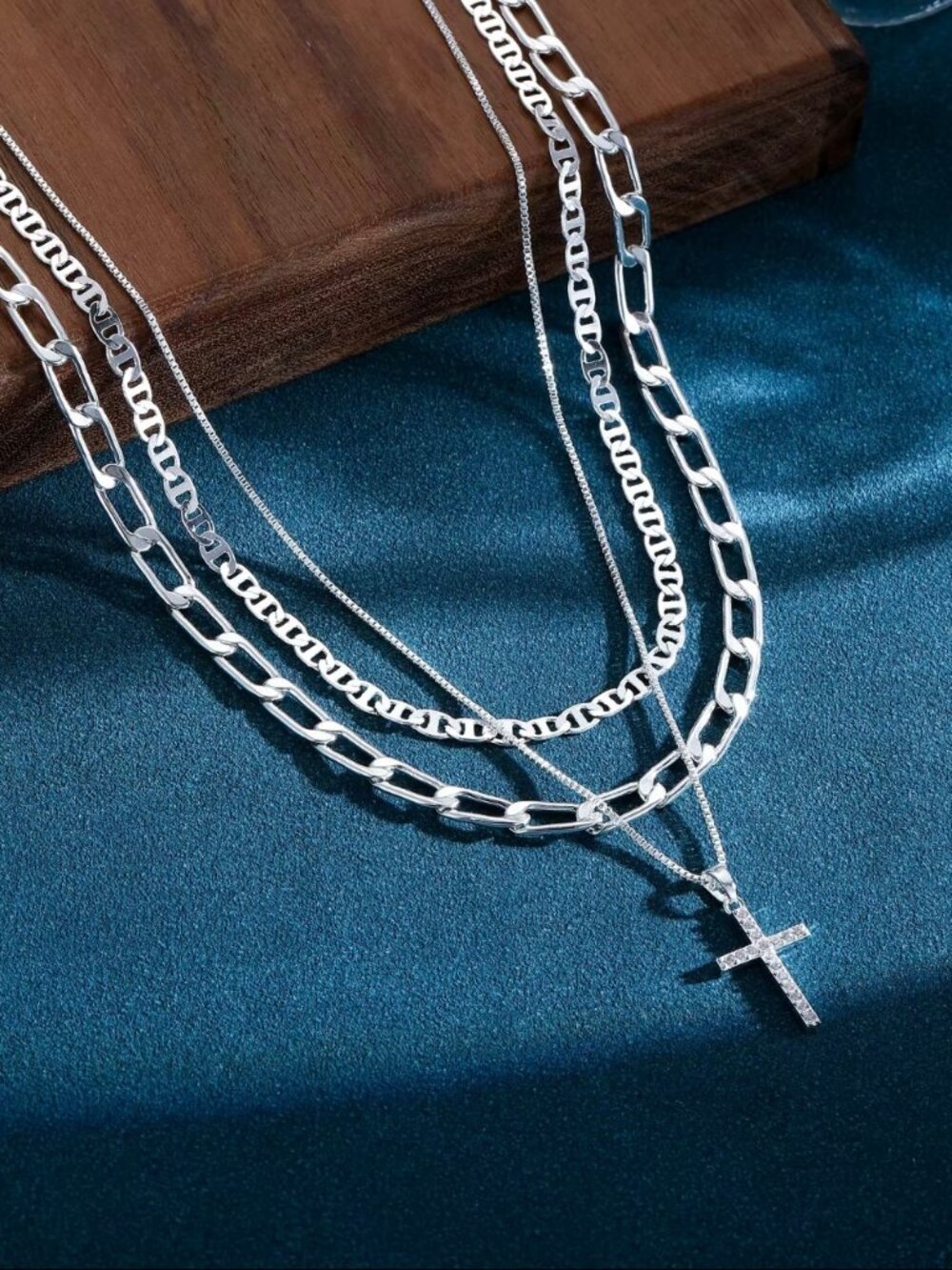 ASCOMY Women's 3-Layered Cross Charm Necklace 14K Silver Plated